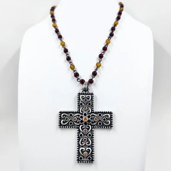 NWT - Nine West - Jeweled Heart Cross Silver Tone Red & Yellow Beaded 14” Choker - Picture 2 of 8